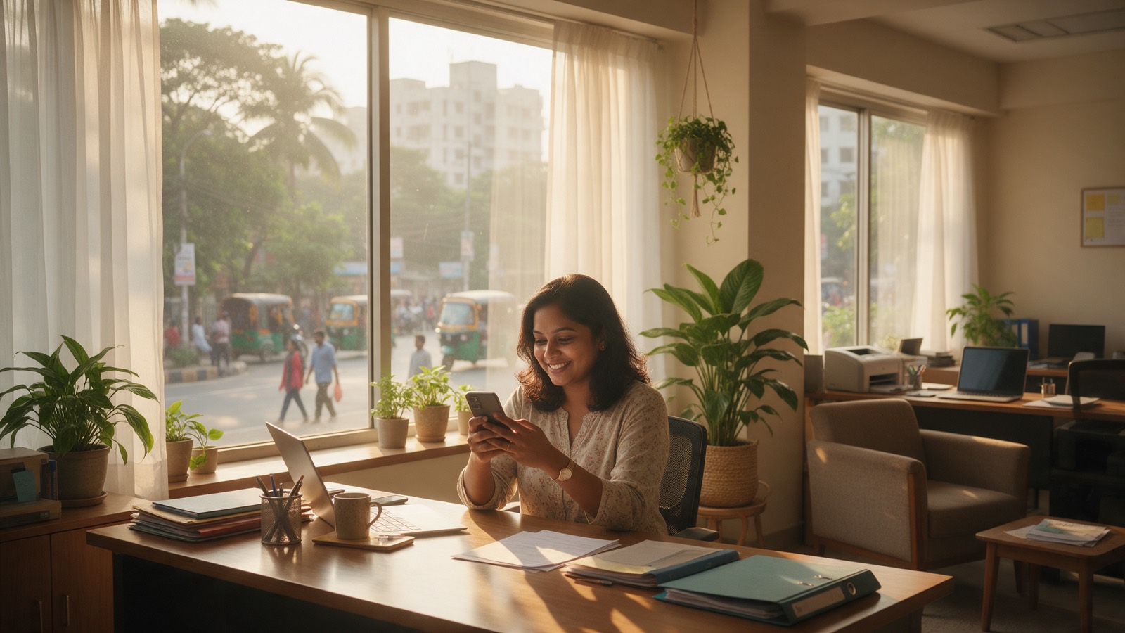 A colleague in a sunny Dhaka office smiling at a reply on her phone
