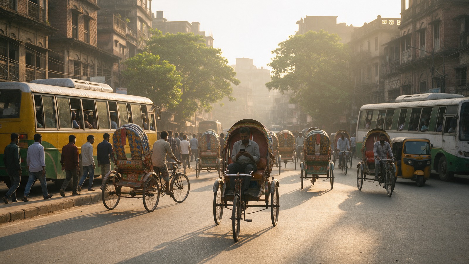 Early morning Dhaka street with rickshaws in golden light